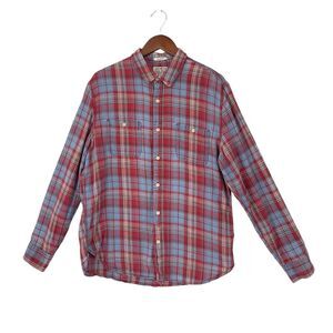 Lucky Brand True Indigo Flannel Plaid Shirt Large Red Blue Mens Western Grunge